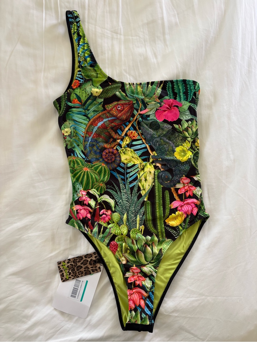 Women Green Tropical One-Shoulder Swimsuit, s Medium, NWT